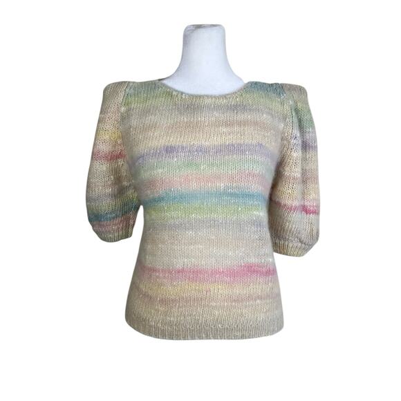 Knit de Ville Vtg Wool & Angora Blend Rainbow Cloud Sweater Short Puff Sleeves - Picture 1 of 16